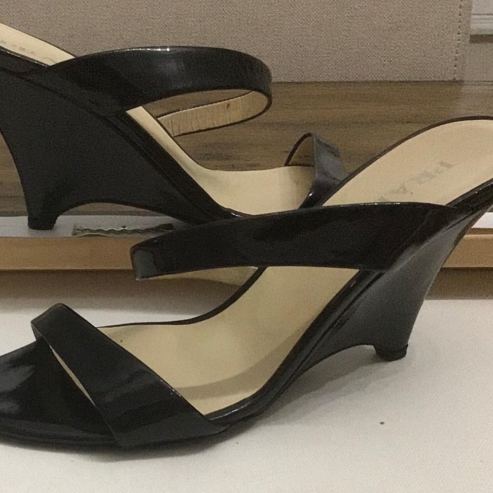 Prada Patent Leather Open Toe Wedge Slides, Black, EU 37.5/US 7